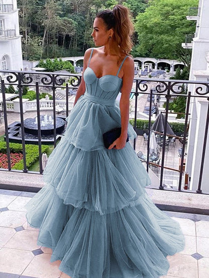 A-Line/Princess Tulle Spaghetti Straps Sleeveless Floor-Length Corset Prom Dress