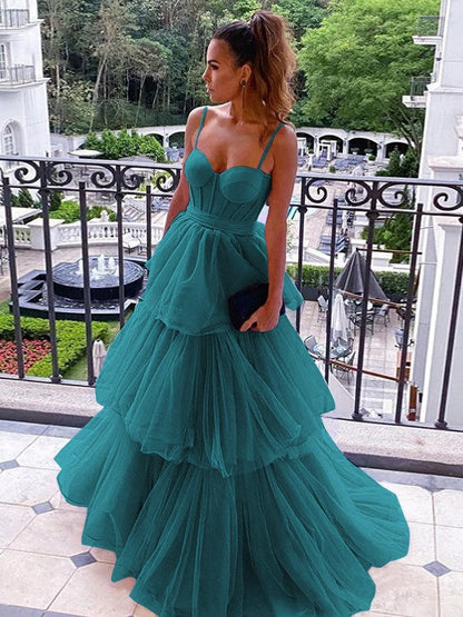 A-Line/Princess Tulle Spaghetti Straps Sleeveless Floor-Length Corset Prom Dress