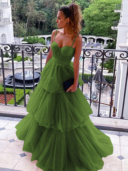 A-Line/Princess Tulle Spaghetti Straps Sleeveless Floor-Length Corset Prom Dress