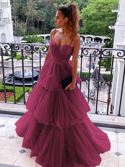 A-Line/Princess Tulle Spaghetti Straps Sleeveless Floor-Length Corset Prom Dress