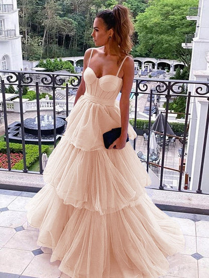 A-Line/Princess Tulle Spaghetti Straps Sleeveless Floor-Length Corset Prom Dress