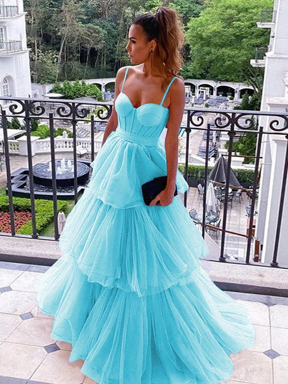 A-Line/Princess Tulle Spaghetti Straps Sleeveless Floor-Length Corset Prom Dress