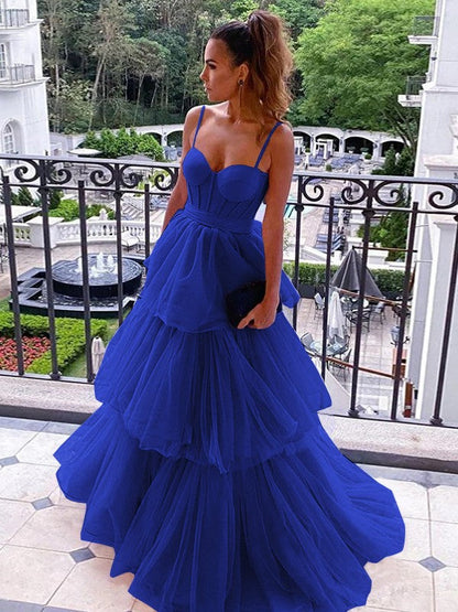 A-Line/Princess Tulle Spaghetti Straps Sleeveless Floor-Length Corset Prom Dress