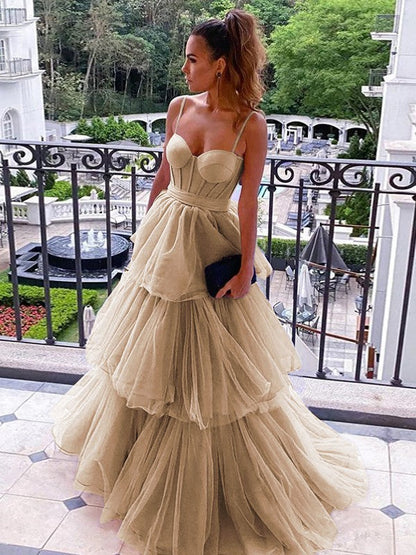 A-Line/Princess Tulle Spaghetti Straps Sleeveless Floor-Length Corset Prom Dress