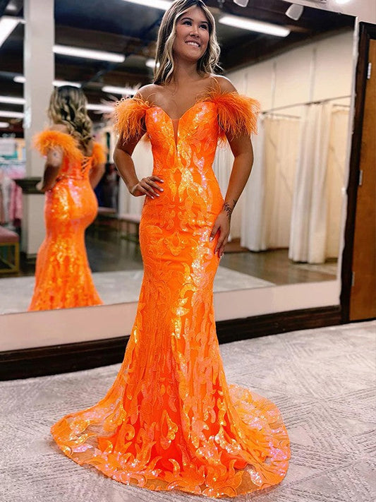 Trumpet/Mermaid Sequins Feathers/Fur Off-the-Shoulder Sleeveless Sweep/Brush Train Corset Prom Dress