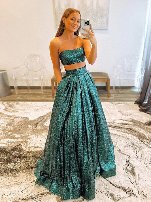 A-Line/Princess Sequins Strapless Sleeveless Floor-Length Prom Dress