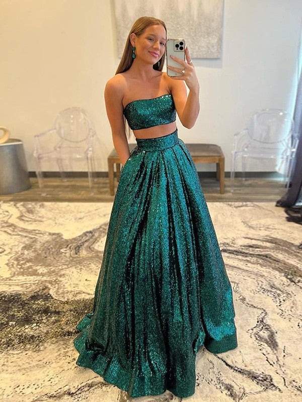 A-Line/Princess Sequins Strapless Sleeveless Floor-Length Prom Dress