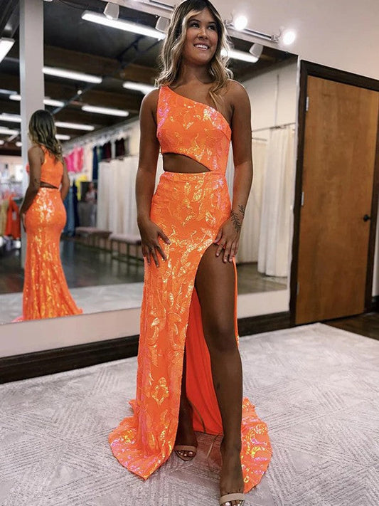 Sheath/Column Sequin One-Shoulder Sleeveless Sweep/Brush Train Prom Dress