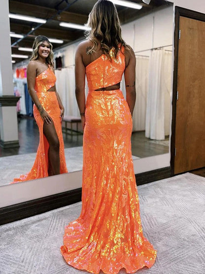 Sheath/Column Sequin One-Shoulder Sleeveless Sweep/Brush Train Prom Dress
