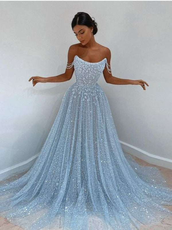 A-Line/Princess Sequin Off-the-Shoulder Sleeveless Sweep/Brush Train Prom Dress