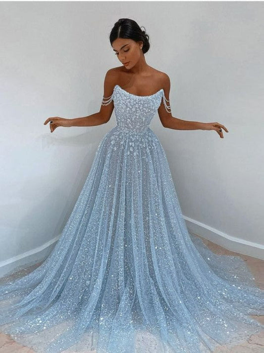 A-Line/Princess Sequin Off-the-Shoulder Sleeveless Sweep/Brush Train Prom Dress