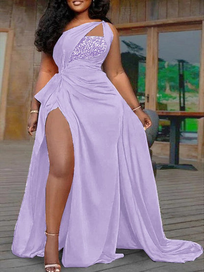 Plus Size A-Line/Princess Silk like Satin Halter Sleeveless Sweep/Brush Train Prom Dress