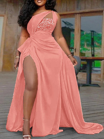 Plus Size A-Line/Princess Silk like Satin Halter Sleeveless Sweep/Brush Train Prom Dress