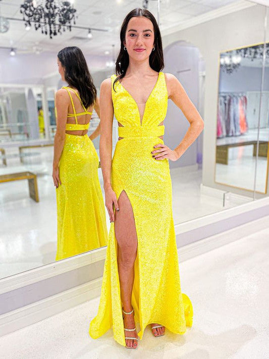 Sheath/Column Sequins V-neck Sleeveless Floor-Length Prom Dress