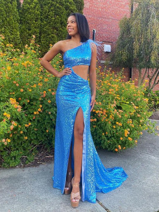 Sheath/Column Sequins One-Shoulder Sleeveless Sweep/Brush Train Prom Dress