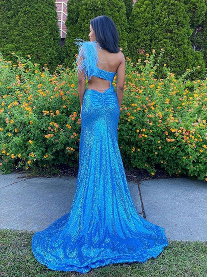 Sheath/Column Sequins One-Shoulder Sleeveless Sweep/Brush Train Prom Dress