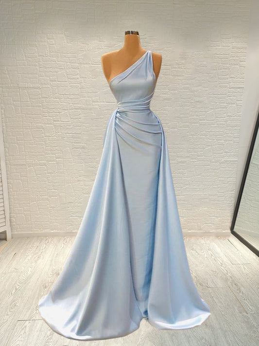 Sheath/Column Elastic Woven Satin Ruched One-Shoulder Sleeveless Floor-Length Prom Dress