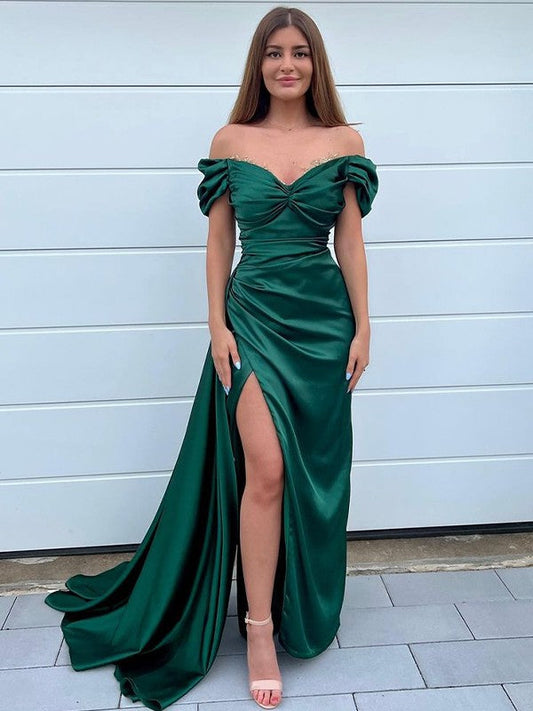 Sheath/Column Silk like Satin Ruched Off-the-Shoulder Sleeveless Sweep/Brush Train Prom Dress