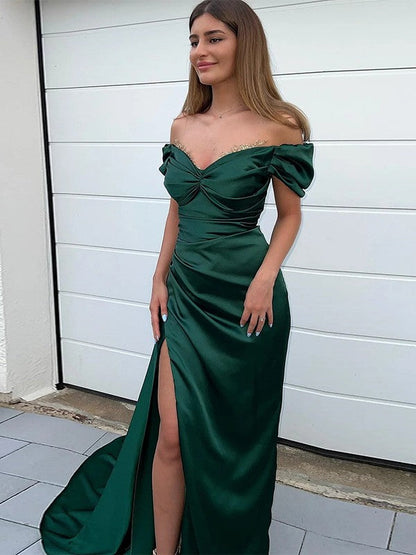 Sheath/Column Silk like Satin Ruched Off-the-Shoulder Sleeveless Sweep/Brush Train Prom Dress