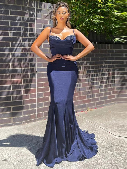 Trumpet/Mermaid Beading Spaghetti Straps Sleeveless Sweep/Brush Train Prom Dress
