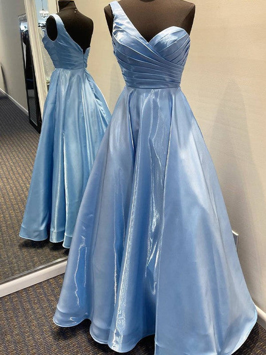 A-Line/Princess Ruched One-Shoulder Sleeveless Floor-Length Prom Dress