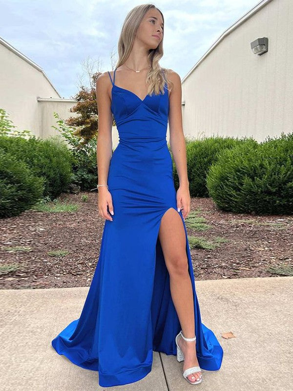 Sheath/Column Jersey Ruched Straps Sleeveless Sweep/Brush Train Prom Dress
