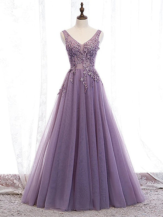 A-Line/Princess Tulle Applique V-neck Sleeveless Floor-Length Prom Dress