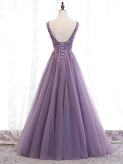 A-Line/Princess Tulle Applique V-neck Sleeveless Floor-Length Prom Dress