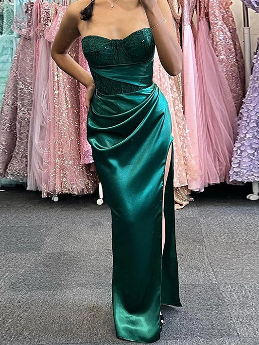 Sheath/Column Elastic Woven Satin Ruched Strapless Sleeveless Floor-Length Prom Dress