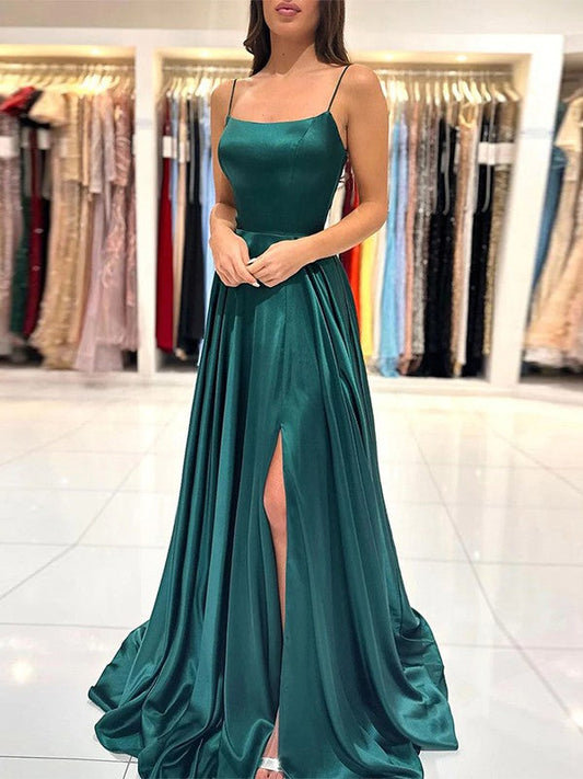 A-Line/Princess Silk like Satin Spaghetti Straps Sleeveless Floor-Length Prom Dress