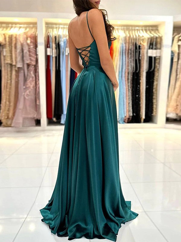 A-Line/Princess Silk like Satin Spaghetti Straps Sleeveless Floor-Length Prom Dress