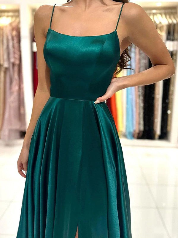 A-Line/Princess Silk like Satin Spaghetti Straps Sleeveless Floor-Length Prom Dress