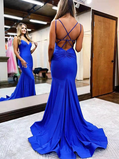 Trumpet/Mermaid Silk like Satin V-neck Sleeveless Sweep/Brush Train Prom Dress