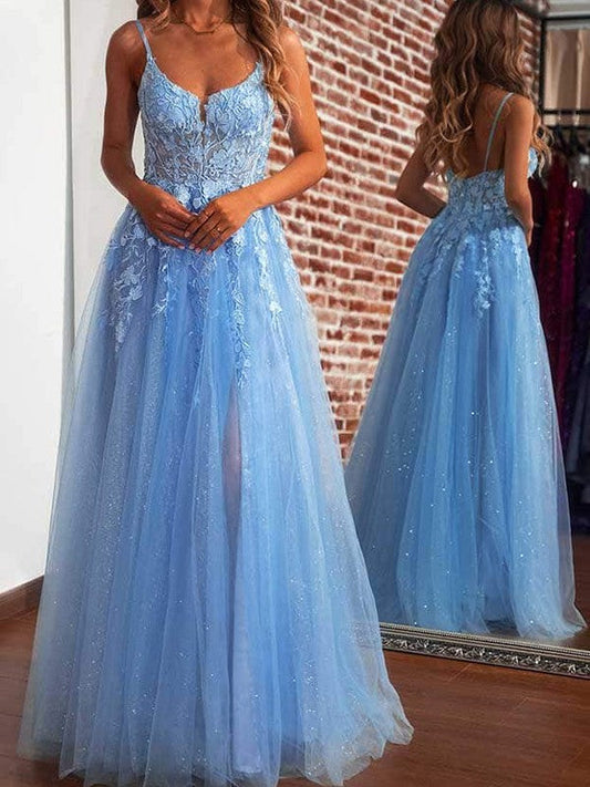 A-Line/Princess Tulle Applique Straps Sleeveless Floor-Length Prom Dress