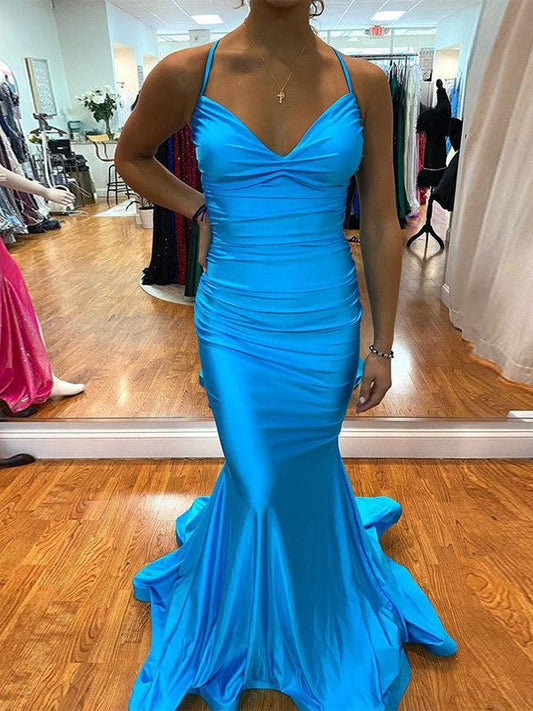 Trumpet/Mermaid Jersey V-neck Sleeveless Sweep/Brush Train Prom Dress