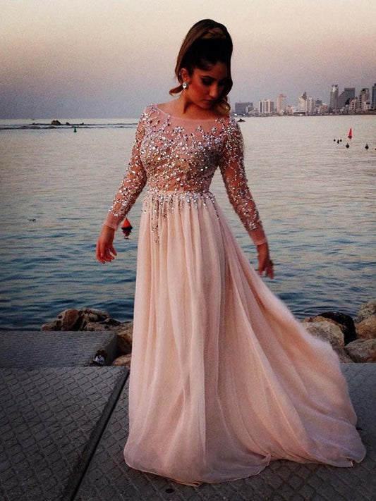A-Line Chiffon Bateau Long Sleeves Sweep/Brush Train With Beading Prom Dress