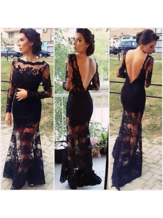 A-Line Lace Bateau Long Sleeves Sweep/Brush Train With Lace Prom Dress