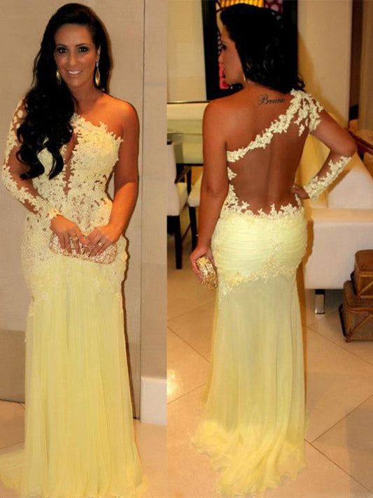 Sheath Chiffon One-Shoulder Long Sleeves Sweep/Brush Train With Applique Prom Dress