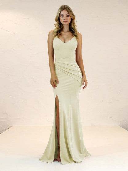 Sheath/Column Stretch Crepe Ruched V-neck Sleeveless Sweep/Brush Train Bridesmaid Dresses