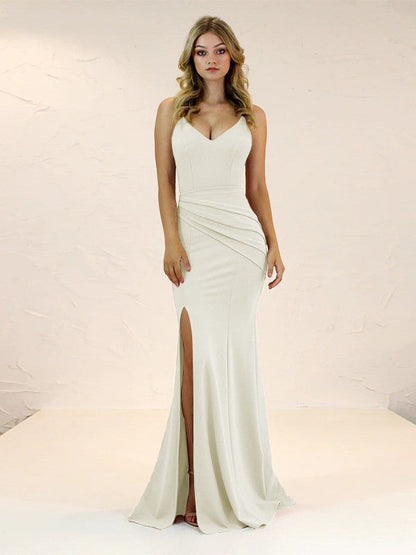 Sheath/Column Stretch Crepe Ruched V-neck Sleeveless Sweep/Brush Train Bridesmaid Dresses