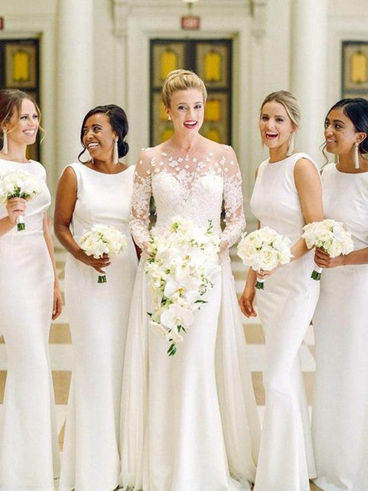 Sheath/Column Stretch Crepe Ruched Scoop Sleeveless Floor-Length Bridesmaid Dresses