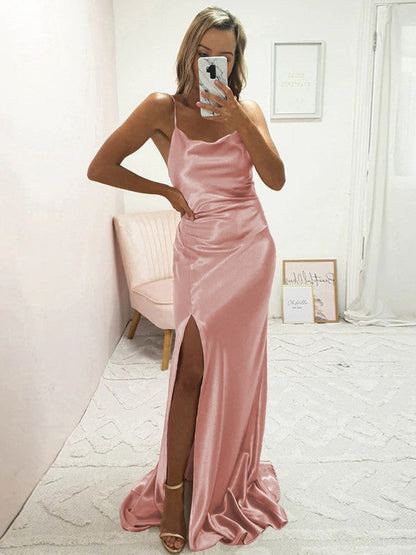 Sheath/Column Elastic Woven Satin Ruched Spaghetti Straps Sleeveless Sweep/Brush Train Bridesmaid Dresses