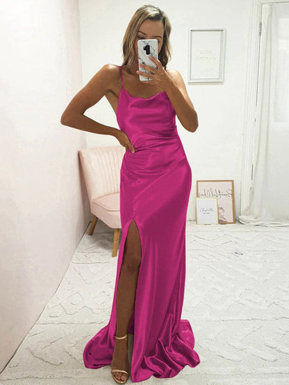 Sheath/Column Elastic Woven Satin Ruched Spaghetti Straps Sleeveless Sweep/Brush Train Bridesmaid Dresses