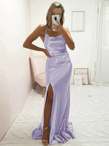 Sheath/Column Elastic Woven Satin Ruched Spaghetti Straps Sleeveless Sweep/Brush Train Bridesmaid Dresses