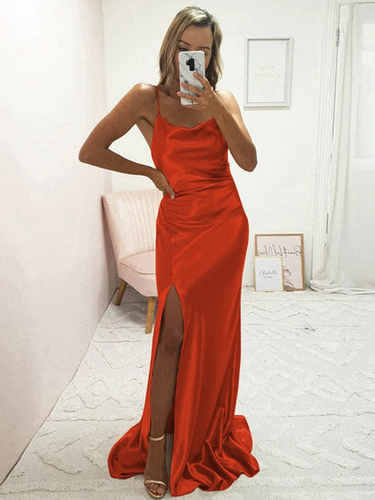 Sheath/Column Elastic Woven Satin Ruched Spaghetti Straps Sleeveless Sweep/Brush Train Bridesmaid Dresses