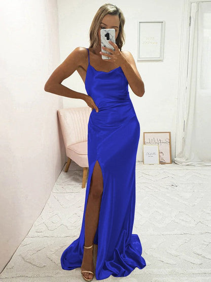 Sheath/Column Elastic Woven Satin Ruched Spaghetti Straps Sleeveless Sweep/Brush Train Bridesmaid Dresses