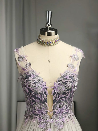 Prom Dress A-Line Regency Long V-neck Applique