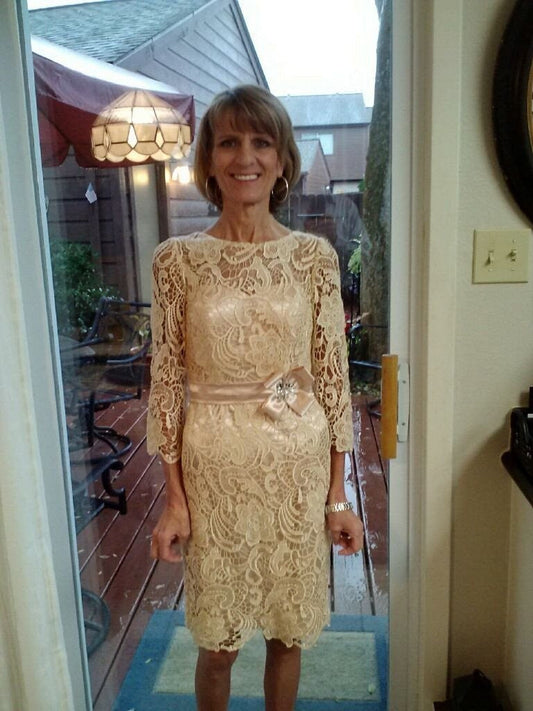 Sheath Sheer Neck 3/4 Sleeves With Lace Knee-Length Lace Mother of the Bride Dress