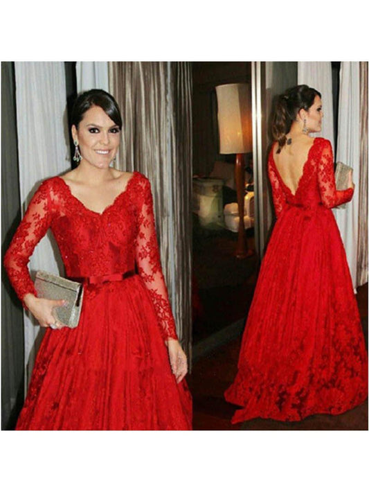 Ball Gown V-neck Long Sleeves With Sash/Ribbon/Belt Sweep/Brush Train Lace Mother of the Bride Dress