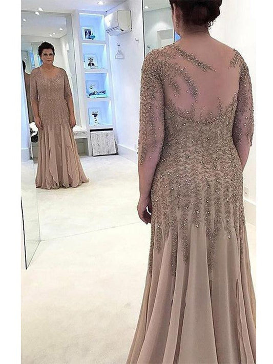Sheath Sheer Neck Long Sleeves With Applique Floor-Length Chiffon Mother of the Bride Dress